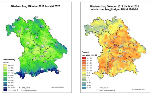 Zwei nebeneinander stehende Bayernkarten mit verschiedenen Farben für gemessene Niederschläge.