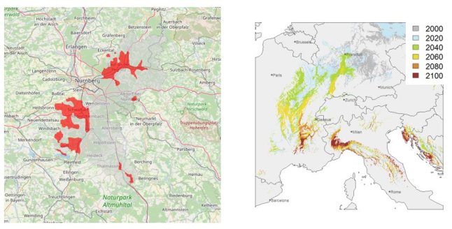 Zwei Karten mit farbigen Schraffierungen für Analog-Gebiete in Bayern und Südfrankreich.