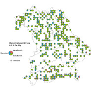 Bayernkarte mit den Grenzen der forstlichen Wuchsgebiete und den BZE II Punkten. Die Punkte sind kleine Tortendiagramme mit bis zu 3 Sektoren. Die Sektoren zeigen die Anteile der 3 Baumernährungsklassen. Die Klassen sind durch Farben unterteilt im Uhrzeigersinn von Mangel- über Normal- bis zum Überschuss-Bereich.