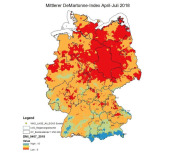 Karte von Deutschland mit berschiedenen Farben zur Darstellung der Trockenheit von hellblau (feucht) bis rot (extrem trocken).