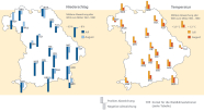 Die Zwei Umrisskarten von Bayern. Auf der linken Karte werden durch je zwei Säulen die mittleren Niederschlagsabweichungen an den 19 Waldklimastationen zum Mittel von 1961 - 1990 für die Monate Mai und Juni 2013 dargestellt. In der rechten Karte werden in gleicher Art und Weise die mittleren Temperaturabweichungen veranschaulicht.