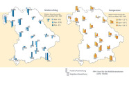 Landkarte von Bayern: In den Monaten März bis Mai gab es an den meisten Waldklimastationen eine negative Abweichung des Niederschlags vom Mittel. Im März lag diese bei -6%, im April bei -33% und im Mai bei -9%. Landkarte von Bayern: In den Monaten März bis Mai gab es an nahezu allen Waldklimstationen eine positive Abweichung vom Mittel. Im März lag dieses duchschnittlich bei 1,3°C, im April bei 1°C und im Mai bei 0,8°C.