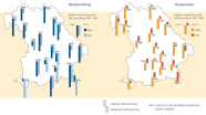 Zwei Umrisskarten von Bayern. Hierauf sind die Abweichungswerte von Niederschlag und Temperatur von 19 bayerischen Waldklimastationen für die Monate März und April am jeweiligen Standort markiert. 