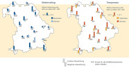 Zwei Umrisskarten von Bayern. Auf der linken Karte werden durch je zwei Säulen die mittleren Niederschlagsabweichungen an den 19 Waldklimastationen zum Mittel von 1961 - 1990 für die Monate Mai und Juni 2013 dargestellt. In der rechten Karte werden in gleicher Art und Weise die mittleren Temperaturabweichungen veranschaulicht.