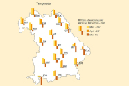 Bayernkarte mit roten Balken an bestimmten Orten; manche der Balken zeigen nach oben, andere nach unten