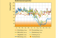 Diagramm, das den Verlauf des Bodenwasserspeichers an verschiedenen Waldklimastationen unter verschiedener Bestocknung angibt. Vor allem die Laubbaumbestände mit Eiche und Buche haben unter dem heißen Spätsommer zu leiden gehabt. 