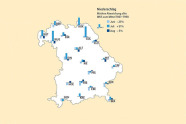 Bayernkarte mit Balken für die an den Waldklimastationen gemessenen Niederschläge.
