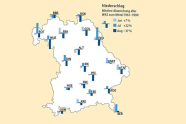 Bayernkarte mit Niederschlagsdaten der Stationen.