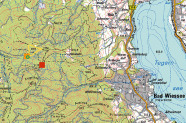 Kartenausschnitt nahe Bad Wiessee auf dem die Lage der Bestands- und Freilandmessstelle, sowie das Kleineinzugsgebiet und die Pegelstation eingezeichnet sind.