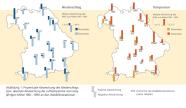 Zwei Umrisskarten von Bayern. Auf der linken Karte werden durch je zwei Säulen die mittleren Niederschlagsabweichungen an den 19 Waldklimastationen zum Mittel von 1961 - 1990 für die Monate November und Dezember 2013 dargestellt. In der rechten Karte werden in gleicher Art und Weise die mittleren Temperaturabweichungen veranschaulicht.