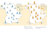 Zwei politische Umrisskarten von Bayern: Prozentuale Abewichung des Niederschlags (links) und der Temperatur (rechts) vom langjährigen Mittel. Weiter Informationen siehe Text.