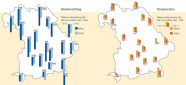 Zwei Umrisskarten von Bayern.  Links: Die mittlere Niederschlags-Abweichung aller Waldklimastationen zum Mittel 1961 bis 1990 lag im März bei minus 61 Prozent und im April bei minus 58 Prozent. Die Waldklimastation in Flossenbürg (FLO) hat als einzige eine positive Abweichung im April, ansonsten sind alle anderen Abweichungen in beiden Monaten negativ. Rechts: Die mittlere Temperatur-Abweichung aller Waldklimastationen zum Mittel 1961 bis 1990 lag im März bei plus 3,5 Grad Celsius und im April bei plus 2,9 Grad Celsius. Alle Waldklimastationen hatten in beiden Monaten positive Abweichungen.