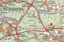 Kartenausschnitt des Nürnberger Reichswaldes auf dem die Lage der Bestands- und Freilandmessstelle eingezeichnet sind