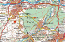 Kartenausschnitt Altötting auf dem die Lage der Bestands- (orange) und Freilandmessstelle (rot) eingezeichnet sind