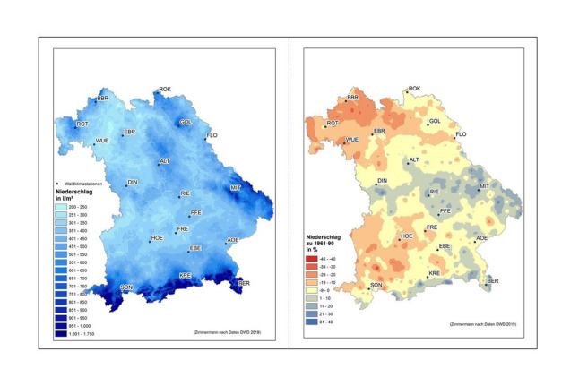 Zwei nebeneinander stehende Karten von Bayern mit blau (links) und gelb bis rot (rechts) eingefärbten Bereichen für die Niederschlagsmenge (links) und Abweichung (rechts).