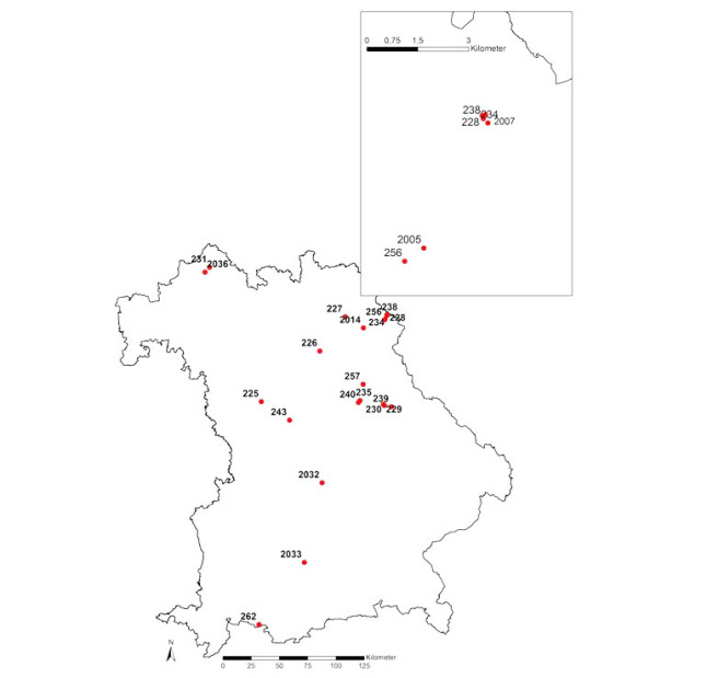 Umrißkarte von Bayern mit Punkten zur Lage der Versuchsflächen der Düngeversuche.