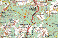 Kartenausschnitt Ludwigsstadt auf dem die Lage der Bestands- (orange) und Freilandmessstelle (rot) eingezeichnet sind
