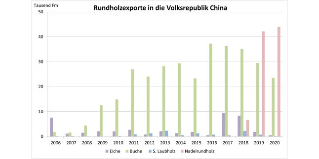 Säulendiagramm zeigt Entwicklung der Rundholzexporte von Buchen-, Eichen- und sonstigem Laubrundholz sowie Nadelrundholz in die Volksrepublik China 2006 – 2021
