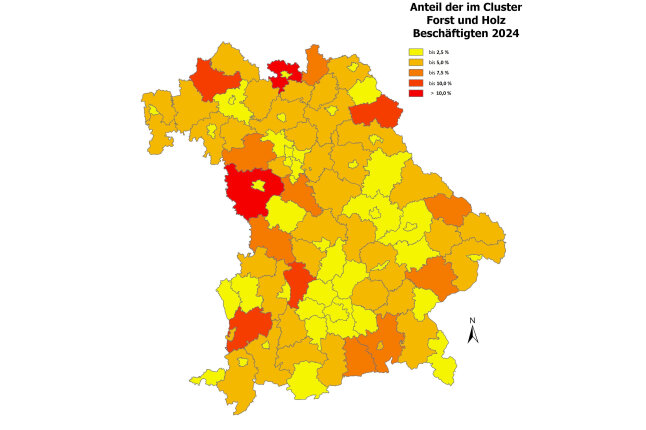 Bayernkarte zeigt Anteil der Beschäftigten des Clusters Forst und Holz an der Gesamtbeschäftigung in den Landkreisen 2024
