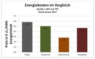 Säulendiagramm mit vier Balken für die Energieträger Heizöl, Scheitholz, Hackschnitzel und Pellets. Auf der y-Achse der Preis in €-Cent je kWh-Energiegehalt.