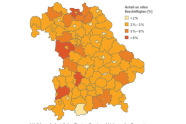 Politische Umrisskarte von Bayern zeigt die einzelnen Landkreise in unterschiedlichen Farben, je nach Anteil des Clusters Forst und Holz an der Gesamtbeschäftigung.