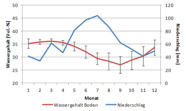 Liniediagramm zum Jahresverlauf der Niederschlags und des Bodenwassers: 