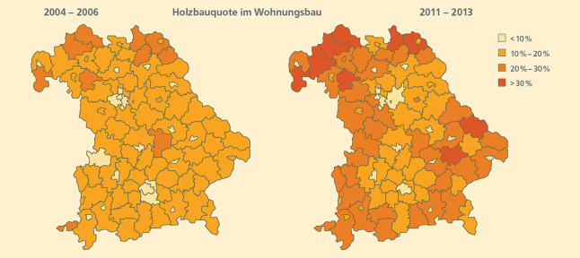 Zwei politische Umrisskarten von Bayern zeigen die Holzbauquote im Wohnungsbau in den Jahren 2004 bis 2006 und 2011 bis 2013. Der Anteil an Holzbauten nahm zu.