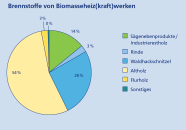 Das Kreisdiagramm zeigt welche Brennstoffe (Sägenebenprodukte/Inustrierestholz, Rinde, Waldhackschnitzel, Altholz, Flurholz und Sonstiges) zu welchen Anteilen in Biomasseheiz(kraft)werke verbrannt werden.