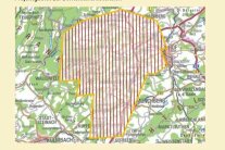 Das Projektgebiet eingegrenzt auf einer Landkarte mit den Flugstreifen der Befliegung