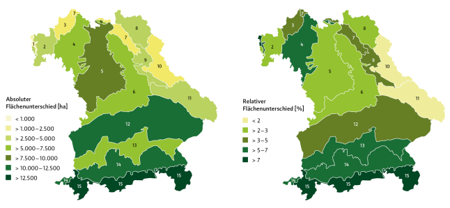 zwei Karte von Bayern mit absolutem und relativem Flächenunterschied in ha