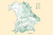 Politische Umrisskarte von Bayern zur Fichtenanteilen. Die Anteile der Fichte sind im Nordosten und ich Süden Bayerns am höchsten. 