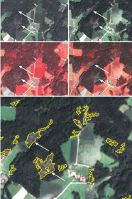 Fünf Luftbilder, die Flächenveränderungen von oben zeigen.