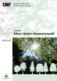 Grüner Titel mit Abbildung einer Baumkrone und vier gezeichneten Baumsilhouetten im Vordergrund. Darüber steht der Schriftzug Klimas-Boden-Baumartenwahl.