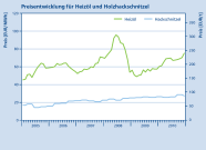 Die Grafik stellt die Preisentwicklung für Heizöl und Scheitholz zwischen 2005 und 2010 dar. Zu sehen ist der Preis in Euro pro Megawattstunde und in Euro pro Raummeter.