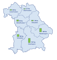 Die Grafik zeigt eine Umrisskarte von Bayern. Für jeden Regierungsbezirk ist eine Säule eingetragen, die die Kurzumtriebsflächen des jeweiligen Regierungsbezirks in Hektar darstellt.