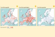 Drei Karten von Europa mit unterschiedlicher Färbung mit Rot und Blau