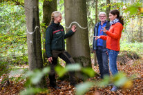 Försterin berät Waldbesitzerpaar. Sie stehen vor einer als Biotopbaum markierten Buche. (© Tobias Hase/StMELF)