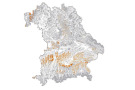 Politische Umrisskarte von Bayern zeigt die Entwicklung des Anbaurisikos der FIchte von 2000 bis 2100. Besonders im Sppessart und der Südhälfte Bayerns (Ausnahme: Bayerische Alpen) steigt das Anbaurisiko.