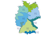 Politische Umrisskarte von Deutschland zeigt die Herkunftsgebiete von Winterlinde mit durchschnittlichem Ernteaufkommen pro Jahr