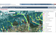 Browserfenster mit einer Karte eines Alpengebietes. Farblich markiet ist das Untersuchungsgebiet sowie einzelne Points of Interest wie Gemeinde, Planung beantragt, Maßnahme beantragt WLV, BH, Beobachtung dokumentiert, Erledigt, etc.