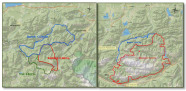 Zwei nebeneinander stehende Kartenausschnitte von den bayerische-österreichischen Alpen mit eingezeichneten Projektgebieten.