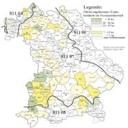 Landkarte von Bayern mit den vier bayerischen Herkunftgebieten samt zugelassener Erntebestände.