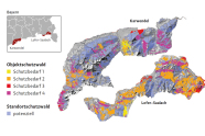 Karte der Karwendel- und Lofer-Saalach-Gebiete mit Kategorisierung des Schutzwaldes; potenziell sollte mehr Schutzwald ausgewiesen werden.