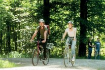 Zwei Fahrradfahrer fahren auf einem Forstweg. Im Hintergrund machen Wanderer eine Pause