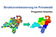 EDV-Kartenausschnitte von Privatwald und Schriftzüge "Strukturverbesserung im Privatwald" sowie "Programm Arbortec"