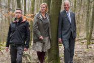 Eine Dame und zwei Herren stehen in einem Laubwald.