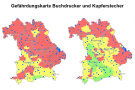 Bayernkarte mit grünen, gelben und roten Gebieten darauf