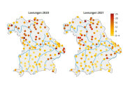 Jeweils eine Karte von Bayern für 2020 und 2021 zeigt die Fallen, eingefärbt nach Befallsgrad