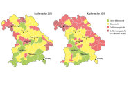 Zwei Karten von Bayern, rechts und oben mit vielen roten Teilen, links und unten mit tendenziell eher grünernen Bereichen