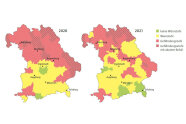 Jeweils eine Karte von Bayern für 2020 und 2021 zeigt den Befallsgrad unterteilt in 4 Stufen